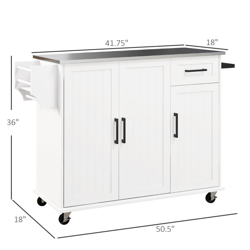 Îlot de cuisine avec étagère à épices - blanc, comptoir en acier inoxydable, tiroir, 3 armoires, porte-serviettes, rangement blanc fonctionnel, comptoir et pour l'élégant
