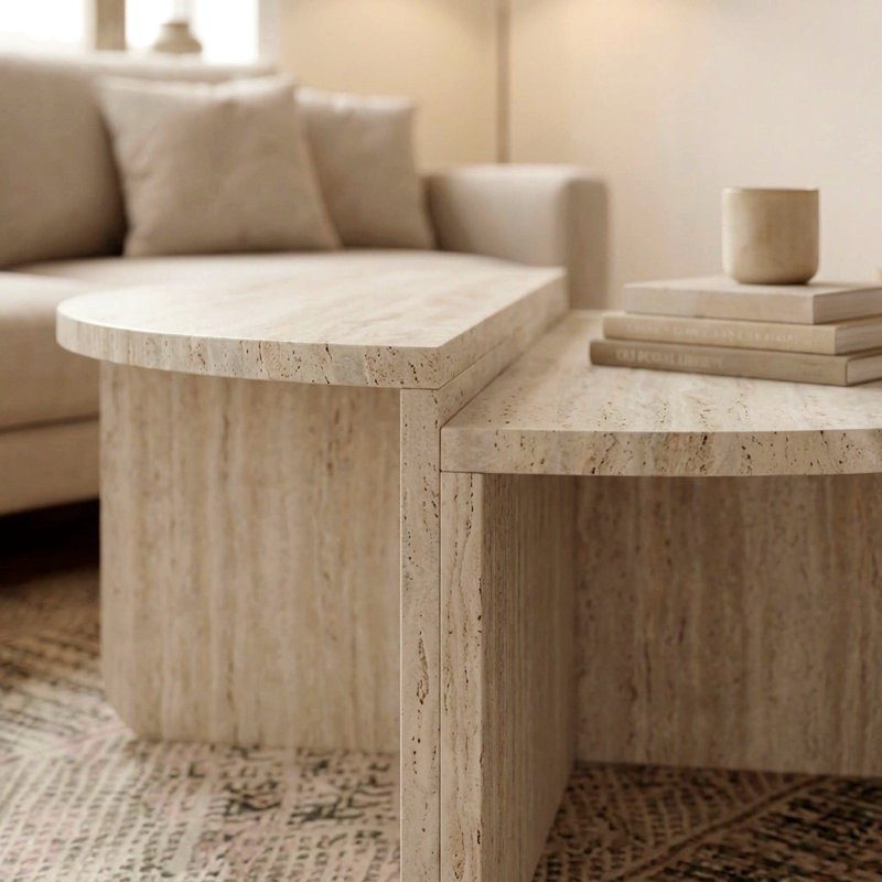 Aloeva 2 Piece Modular Coffee Table Set, Round 90 x 90 x 37 cm, Travertine