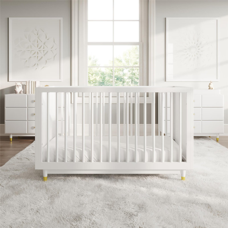White High-Gloss Wood 3-in-1 Convertible Crib with Gold Accents