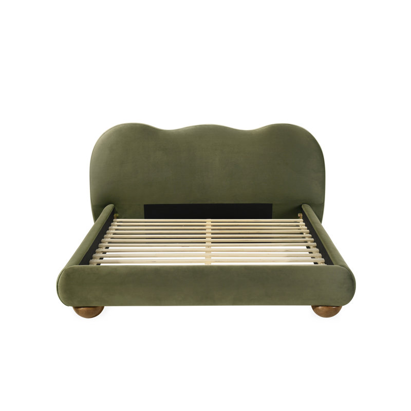 Lit plateforme tapissier contemporain à dossier chameau, prêt pour le matelas, aucun sommier nécessaire, grand / simple. Très grand, avec pieds en bois rond
