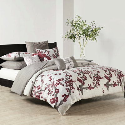 26"X26" Euro Sham In Grey, 200 Thread Count 100% Cotton , Pleated And Ornamented With Red Embroidery, Hidden Zipper, Suits N Cherry Blossom Bedding 26X26 Embroidered, Complements