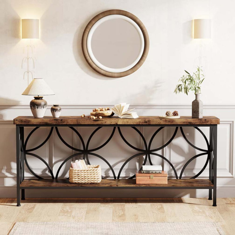 70.9” Extra Long Industrial Console Table with Open Storage Shelves