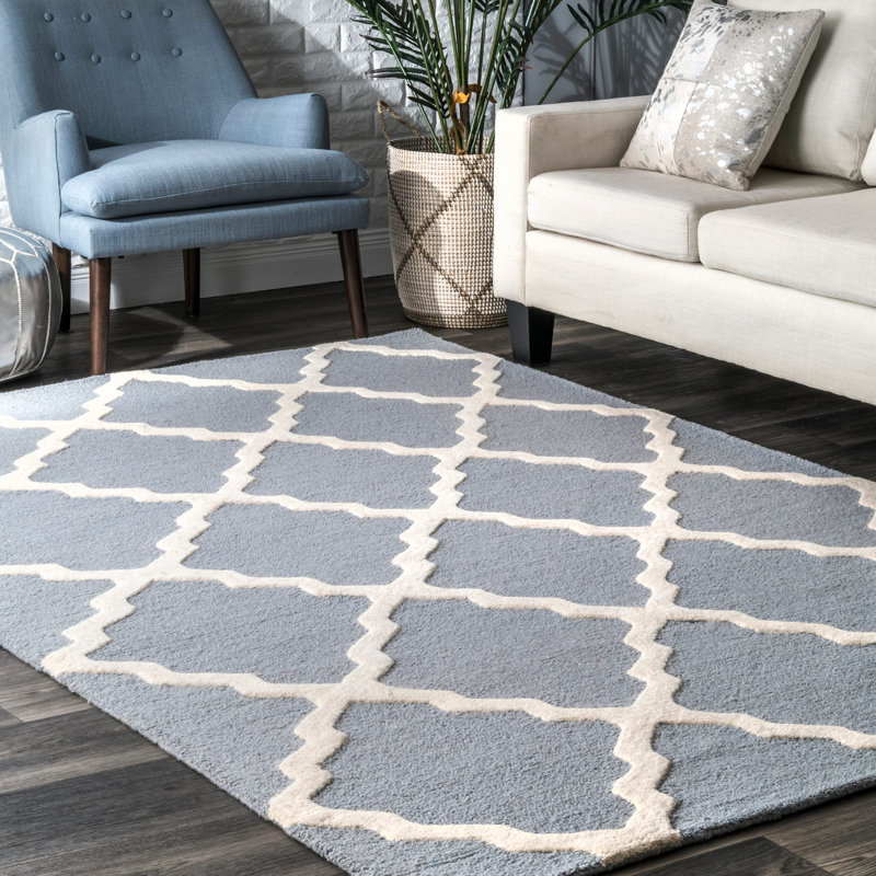 Tapis bleu / crème en laine touffeté à la main Zaphod, Rectangle 8 pi 6 po x 11 pi 6 po