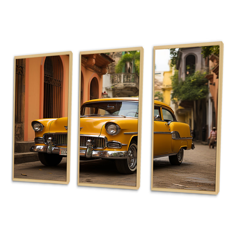 «Yellow Cuban Car Heritage - Cuba», ensemble d'art sur toile, Cadre naturel flottant, H 40 po x l 60 po x P 1 po