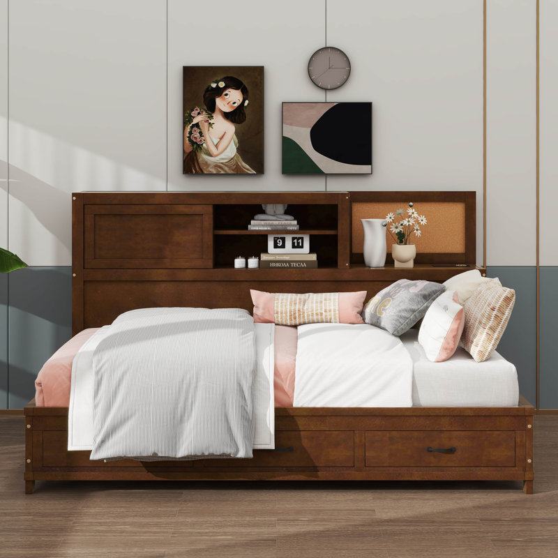 Un lit de jour en bois avec trois tiroirs de rangement, Simple, Brun