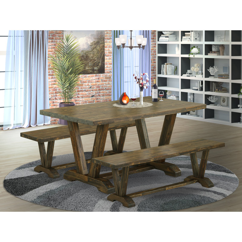 Ensemble de table à manger 3 pièces - 1 petite table de cuisine et 2 bancs de table de cuisine - Plateau de table Jacobean patiné et finition Jacobean patiné