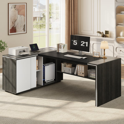 71" L-Shaped Executive Desk With Cabinet Storage, Storage Shelves, Under-Desk Bookshelf, CPU Stand