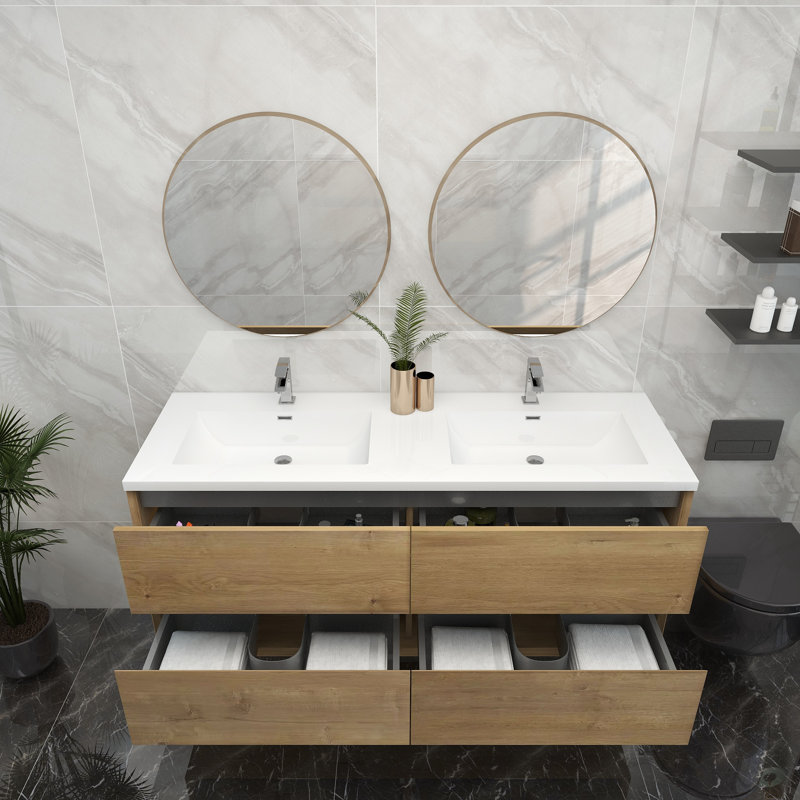 60'' Double Bathroom Vanity with Acrylic Top, Teak Oak