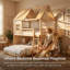 Lit superposé House avec glissoire, échelle, tablettes de rangement et garde-robe-755519320