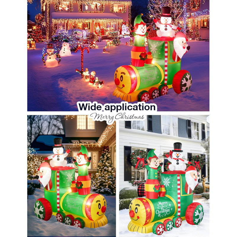 6ft Colorful Inflatable Christmas Train with Santa, Elf, and Snowman