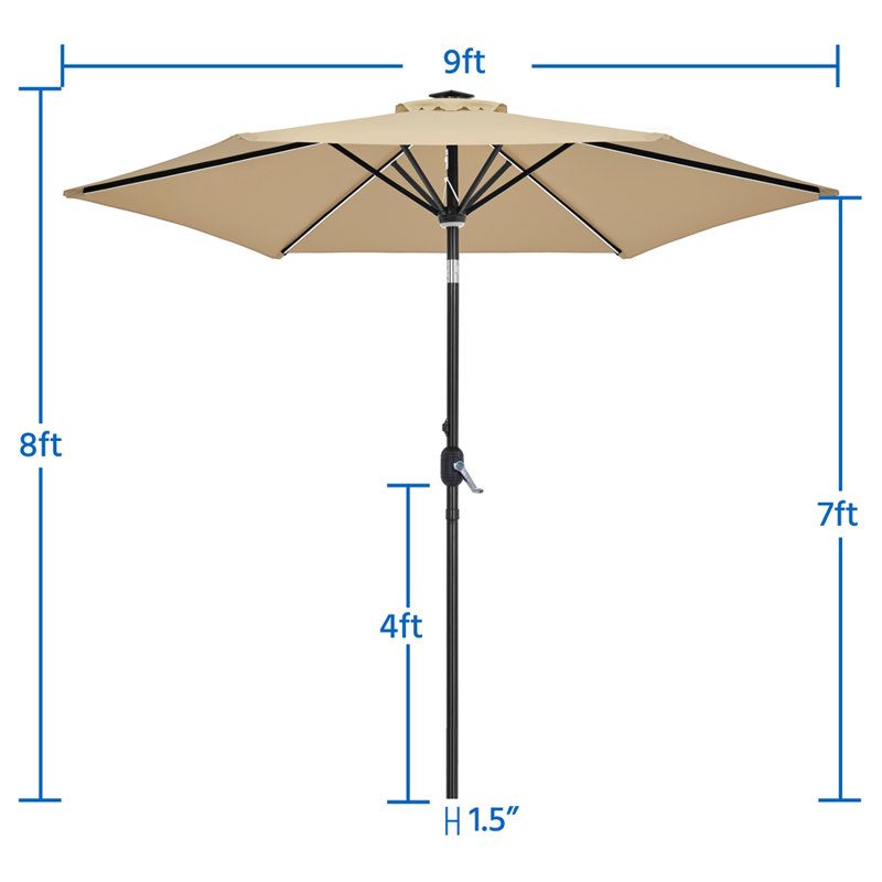 108” Solar-Powered Tilt Patio Umbrella Outdoor Parasol with Central Light, Tan