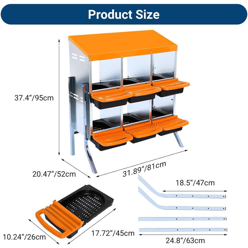 Boîte de nidification pour poulets en acier galvanisé avec plateau à œufs enroulable, ventilation et support mural / support, boîte de poulailler 6/8/10 trous