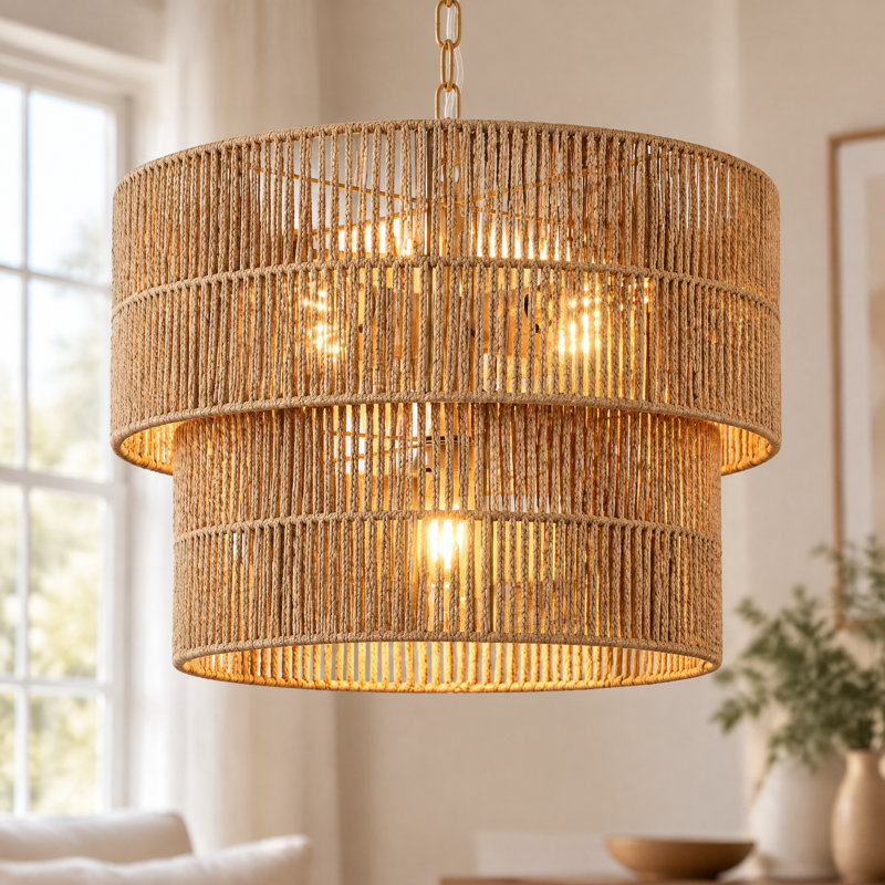 5-light Hand-Woven Rattan Drum Chandelier