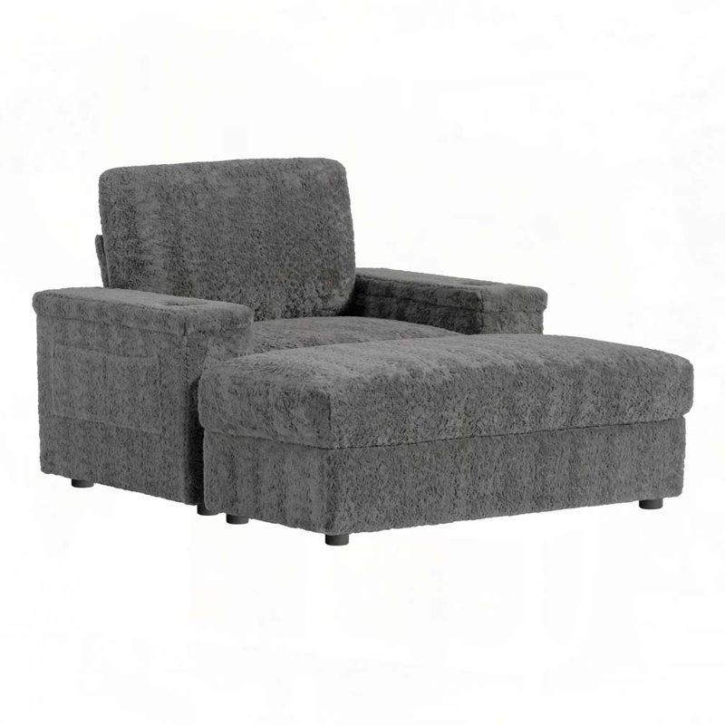 42" Oversized Upholstered  Sleeper Chair Chaise Lounge with Storage Ottoman and Armrests,Cup Holders, Gray