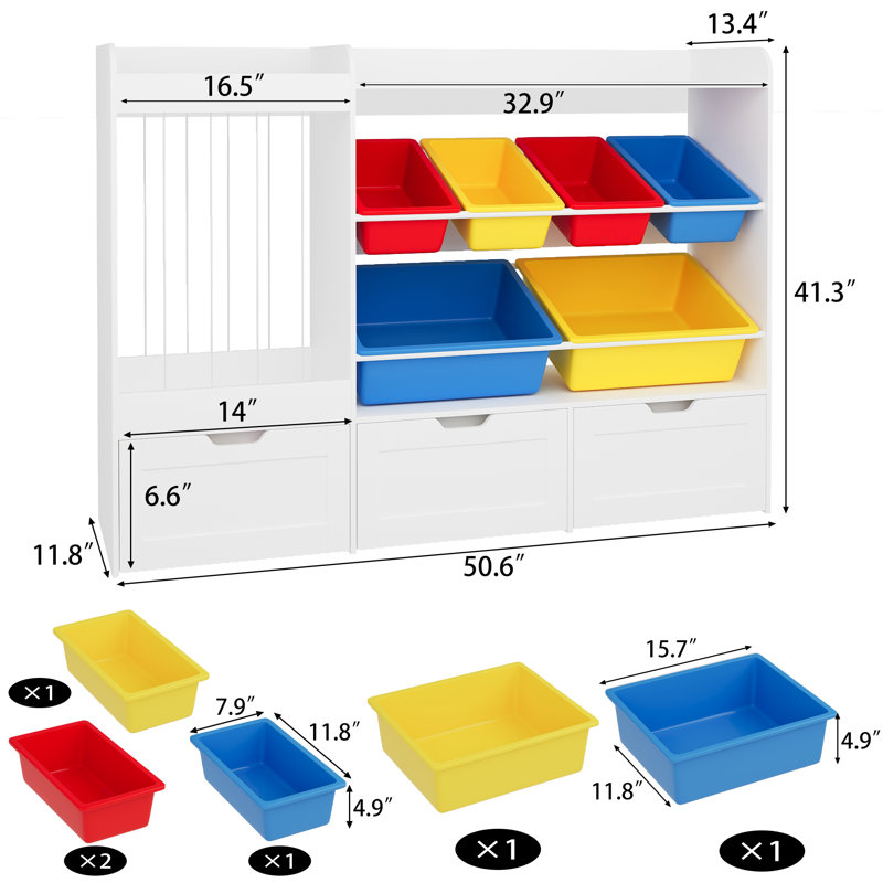 41.3"H Toys Storage Organizer, Large Stuffed Animal Storage With 6 Plastic Bins, Kids Bookcases With 3 Movable Drawers For Kids Room, Playrooms, Bedrooms, Nursery(White/Yellow/Red/Blue)