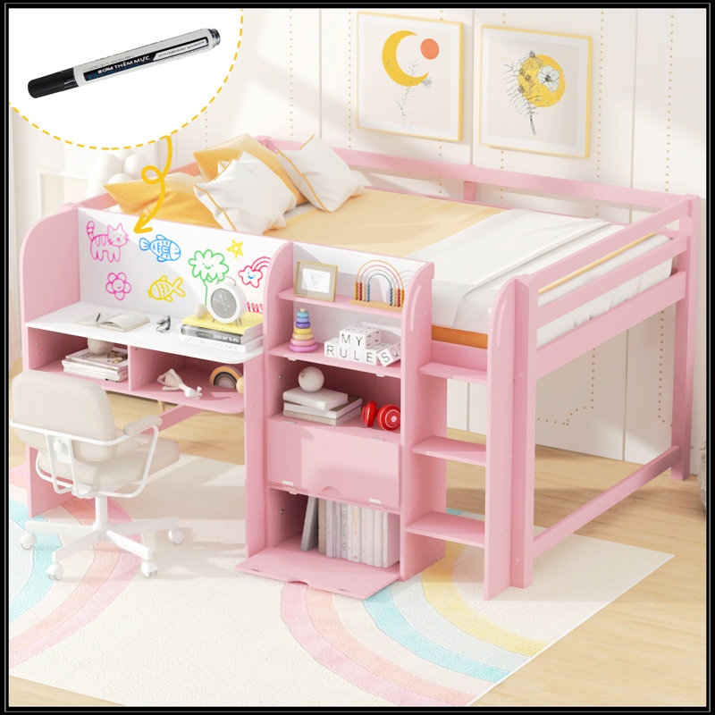Lit mezzanine double pleine grandeur avec bureau intégré, Rose