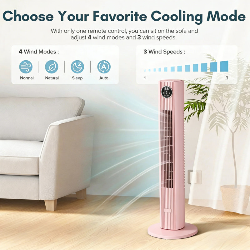 35" LED Touchscreen Tower Fan | 85° Oscillating, <45dB-Quiet, 12H Timer, Bladeless & Safe, Remote, Pink