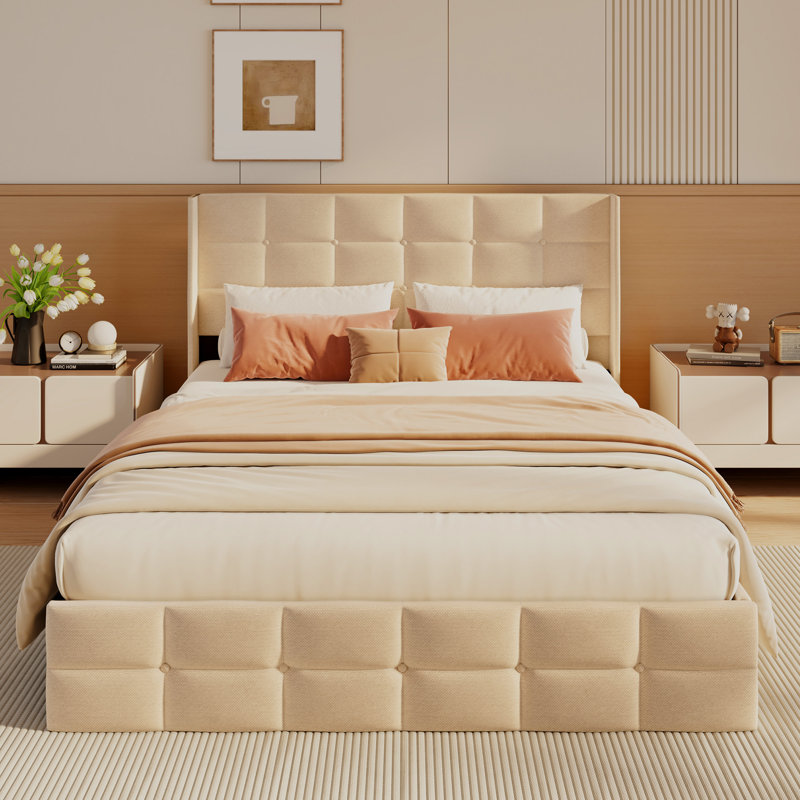 Lit plateforme avec rangement Lift Up et tête de lit Winback, Très grand lit, Crème, crème