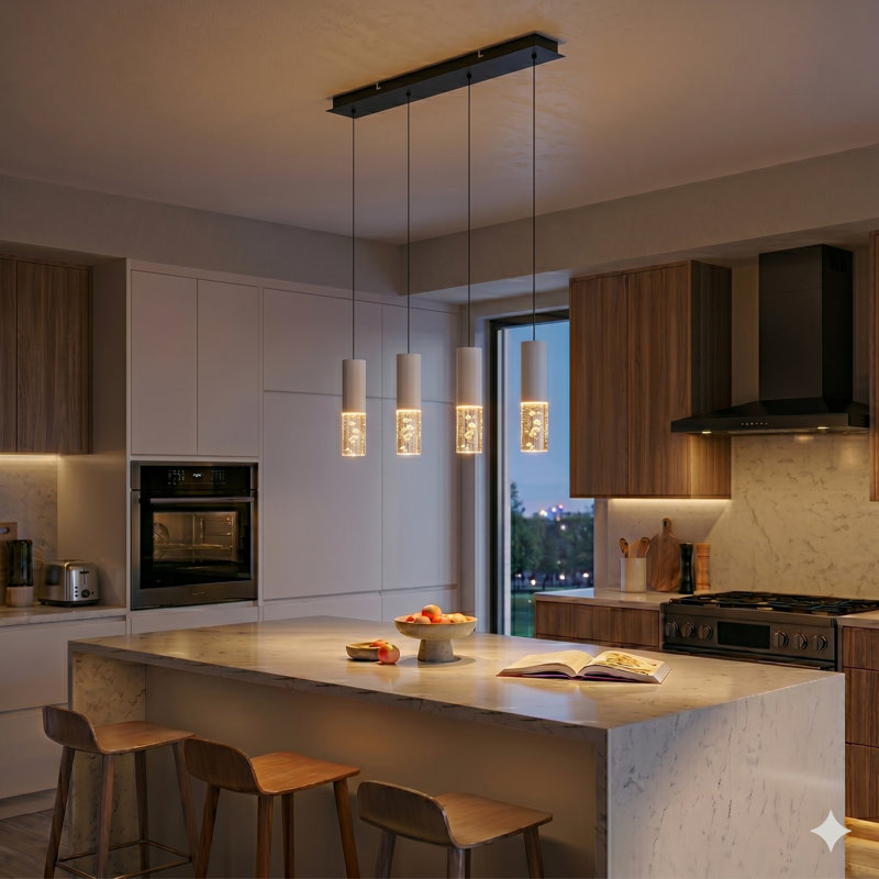 Luminaire suspendu linéaire à 4 lumières pour îlot de cuisine Rathi, Blanc