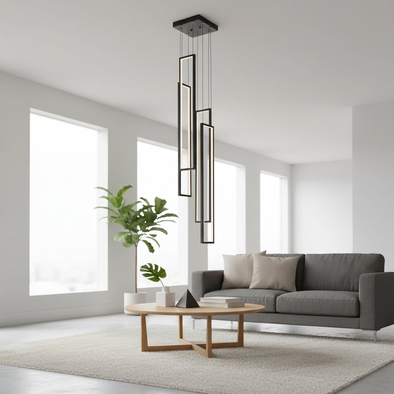 Luminaire suspendu unique à 4 lumières DEL pour escalier de haut plafond avec télécommande, Noir