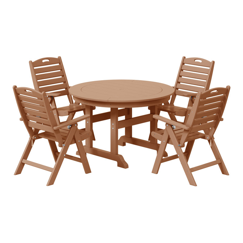 Laguna 5-Piece Round Table Folding Highback Chair Dining Set, Teak
