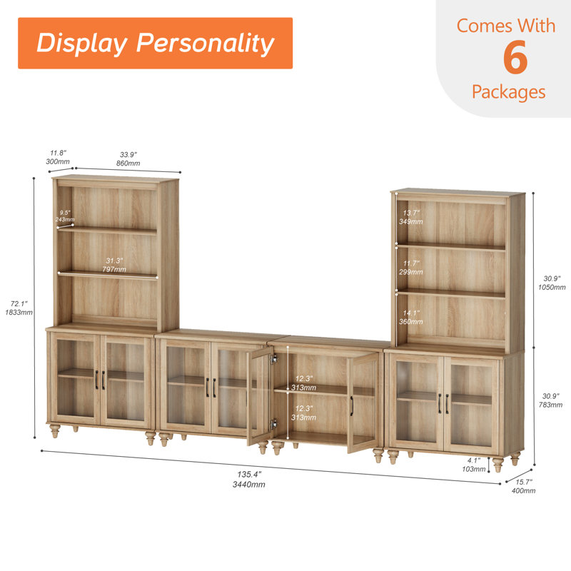 Sideboard Cabinet With Bar Hutch, Buffet Cabinet With 8 Glass Doors And 3 Tier Shelves, Oak, 135''