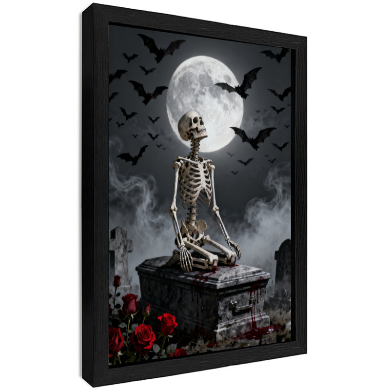 Reproduction d'art encadrée noire rétro crâne gothique foncé, H 25 po x l 17 po