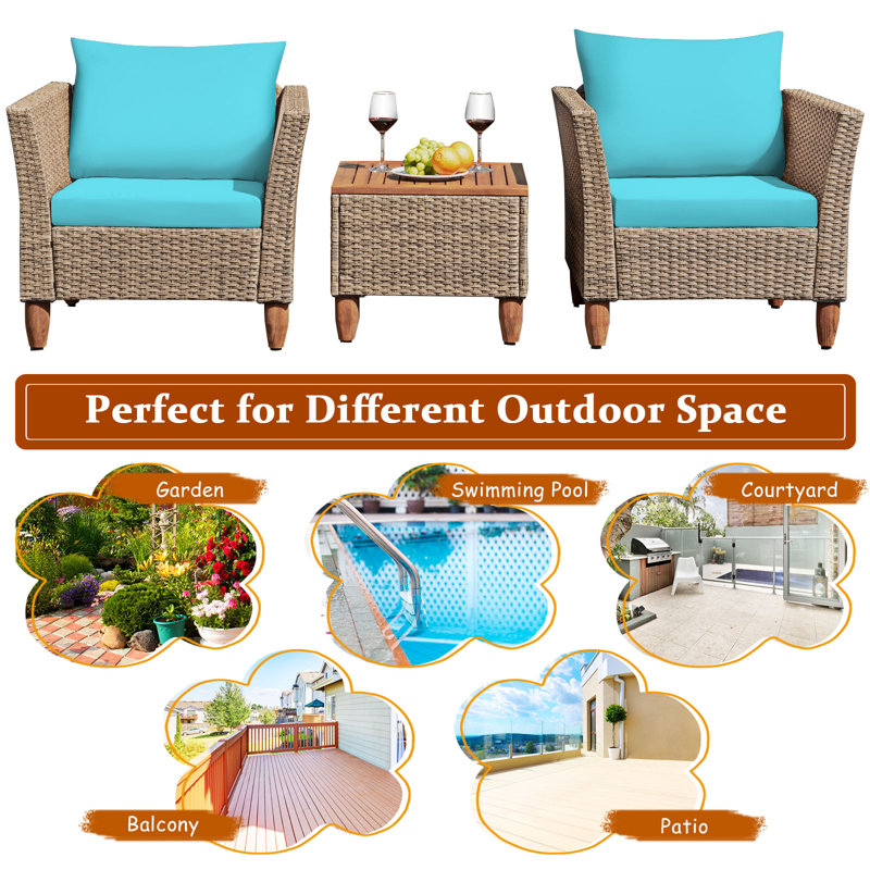 Mix Brown and Blue Rattan 3-Piece Outdoor Seating Set with Acacia Wood Table