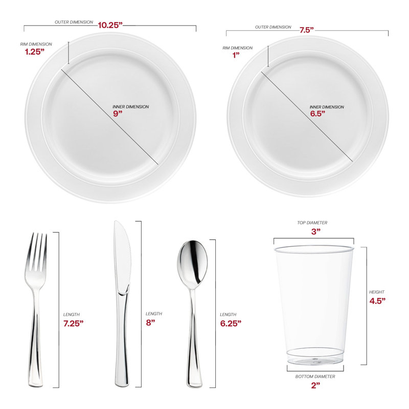Ensemble de 60 pièces en plastique blanc avec bordure argentée pour mariage