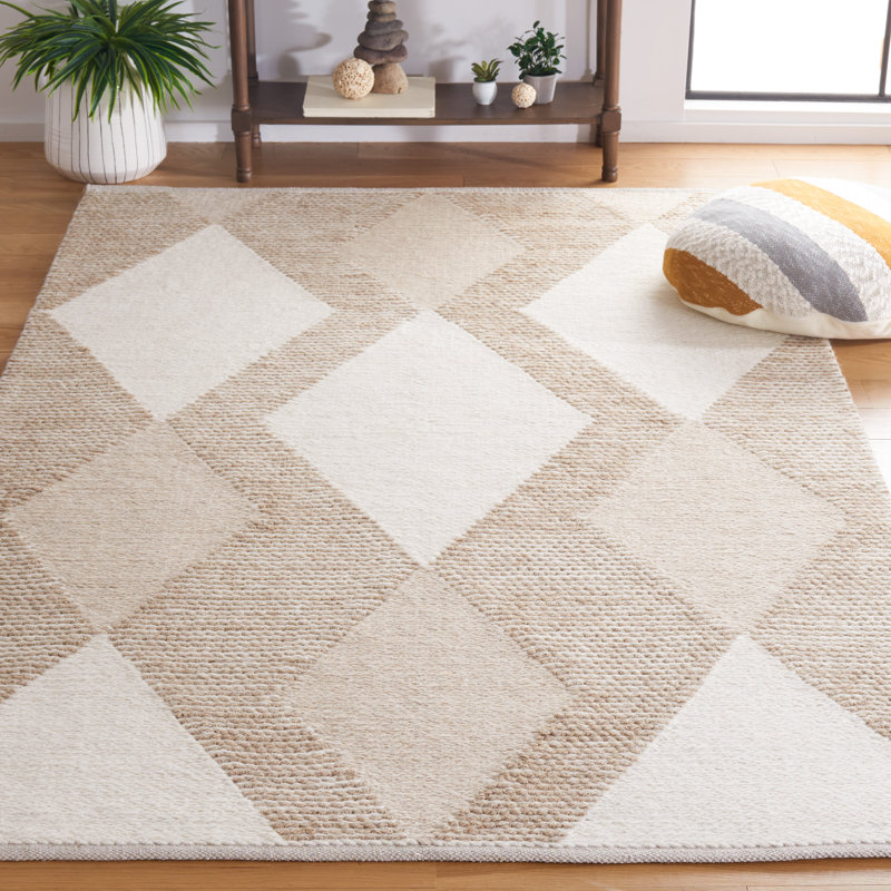 Tapis géométrique fait à la main blanc / ivoire Charvik, Rectangle 8 pi x 10 pi