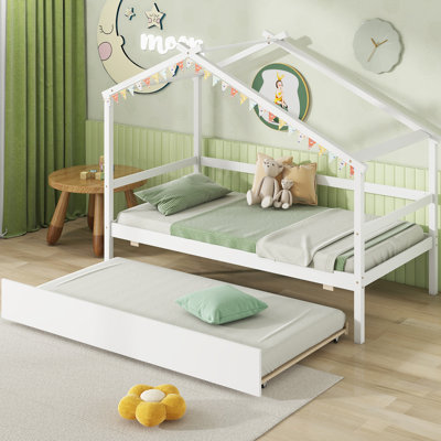 Twin House Bed w/ Trundle w/ Roof & Fence Rails Wooden Platform Bed Frame White