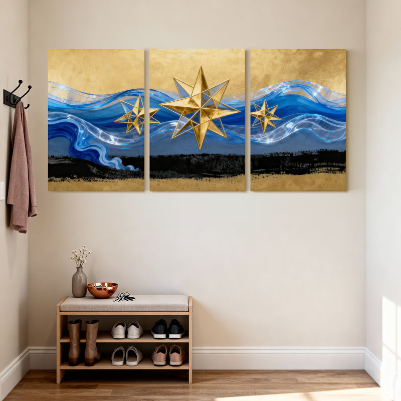 Étoiles dorées, vagues bleues, ensemble de 3 reproductions d'art sur toile, H 18 po x l 36 po