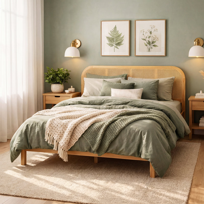 Taryn Mid-Century Modern Solid Pine Wood Bed Frame with Rattan Headboard and Slat Support