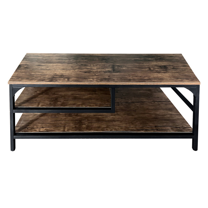 Table basse à 3 niveaux avec tablette de rangement, Brun, Noir, Bois naturel