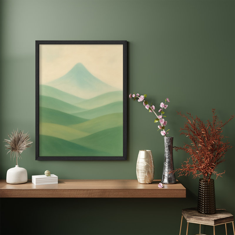 «Rolling Hills and Misty Mountain», reproduction d'art encadrée, paysage apaisant pour la maison ou le bureau, Blanc