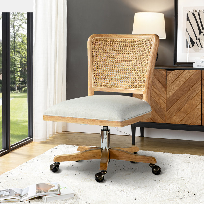 Achel Modern Armless Swivel Office Chair with Rattan Back, Linen