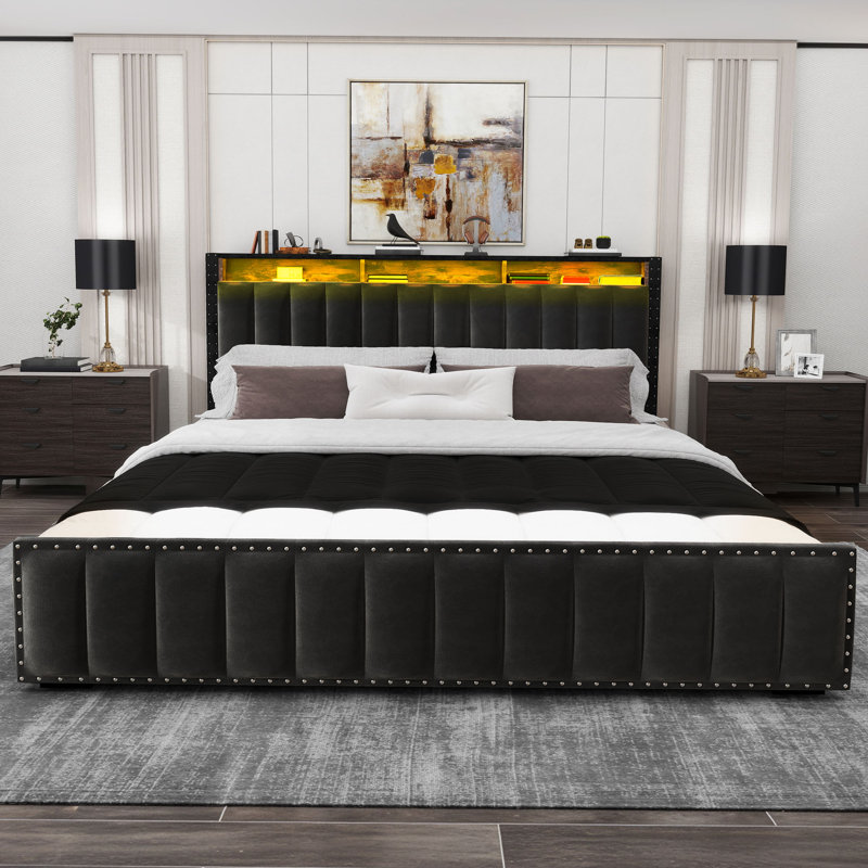  Velvet Upholstered Platform Bed With 4 Storage Drawers, LED Headboard Bed With Charging Station, King