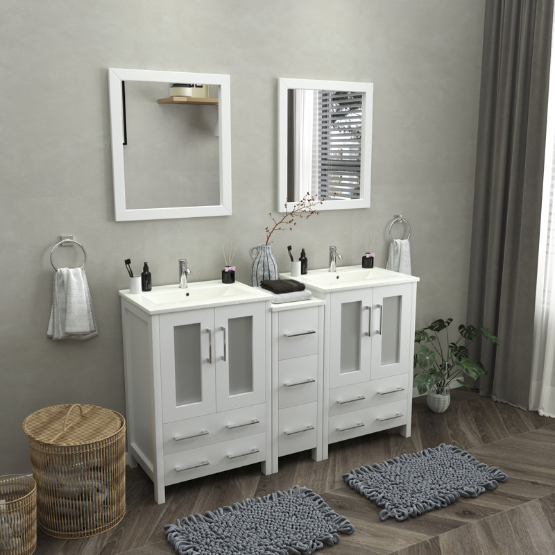 Ensemble de meuble-lavabo autoportant à double cuve 60 po avec plateau en céramique et miroirs assortis Brescia, Blanc