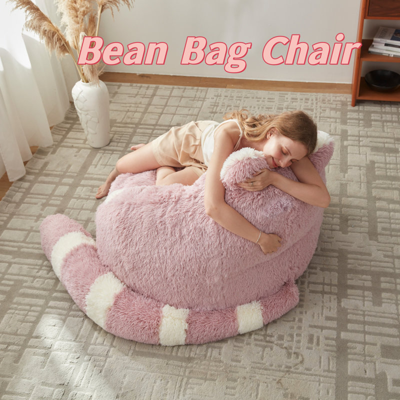 Giant Pink Raccoon Compression Bean Bag With Detachable Tail, Fluffy Lazy Chair, Pink Faux Fur
