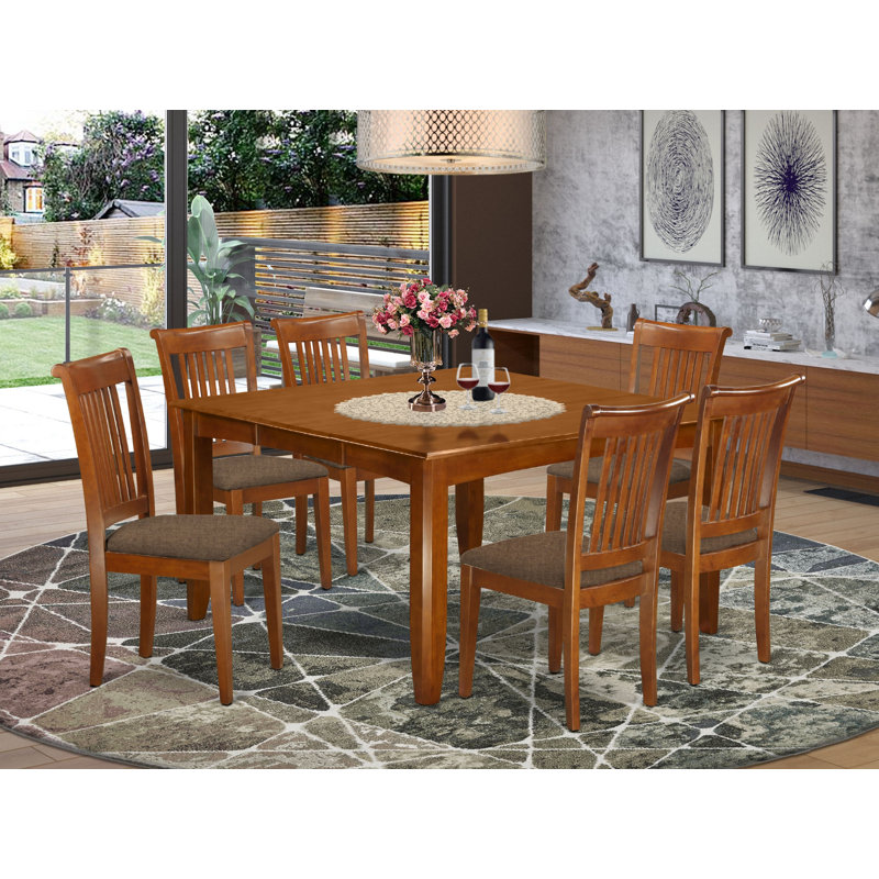 7 Piece Dining Room Table Set Consist of a Square Wooden Table with Butterfly Leaf and 6 Linen Fabric Kitchen Dining Chairs, Saddle Brown