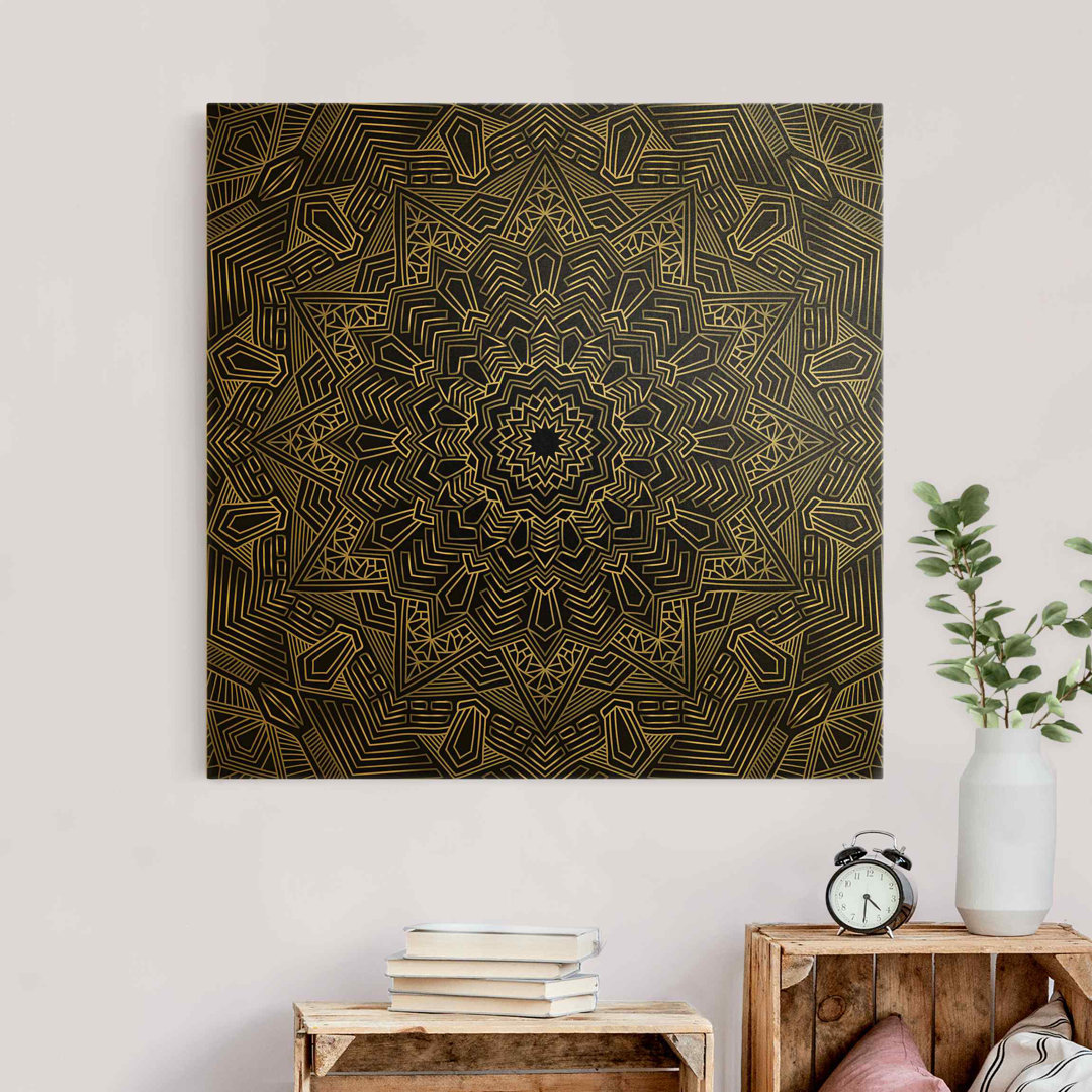 Leinwandbild Gold Mandala Sternmuster in Silber & Schwarz