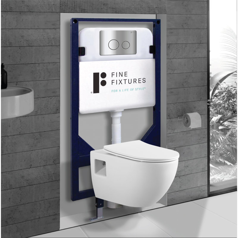 Fine Fixtures Surge Wall Hung White Toilet with Universal In-Wall Tank Carrier and Metal Push Plate, Polished Chrome