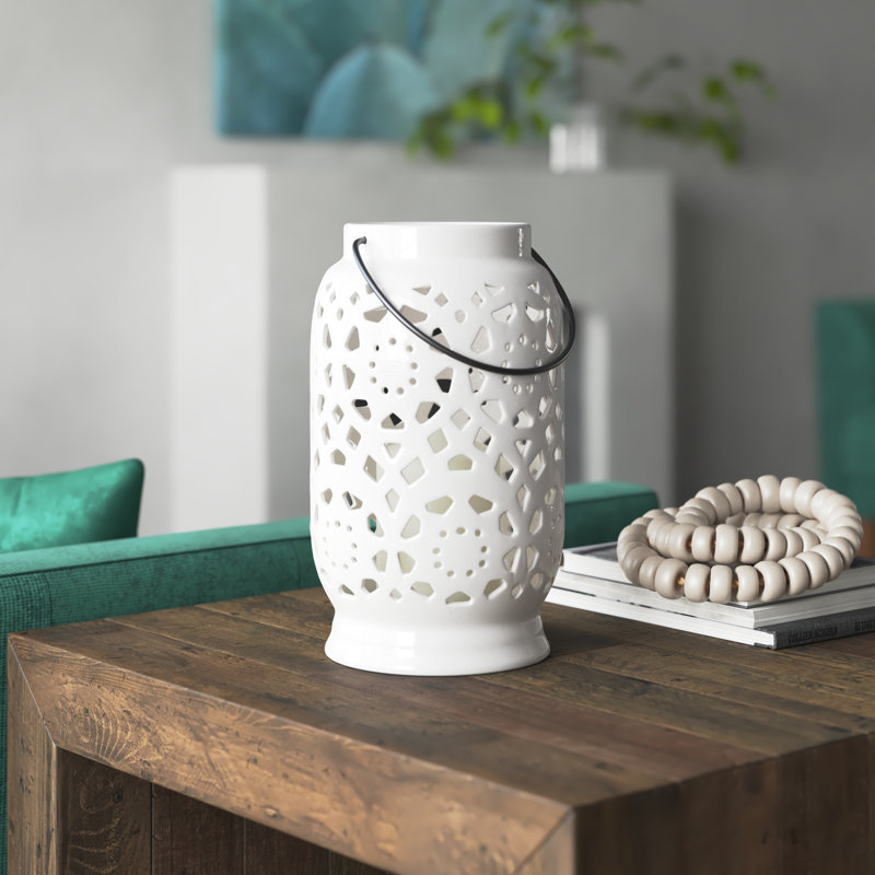 Alica Ceramic Lantern, 11" H x 6.5" W x 6.5" D, White