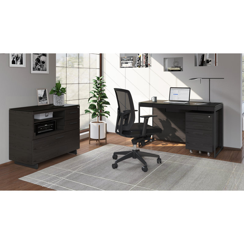 Sequel Desk With Back Panel - Charcoal Stained Ash, Black Metal, Charcoal Stained Ash/Black 