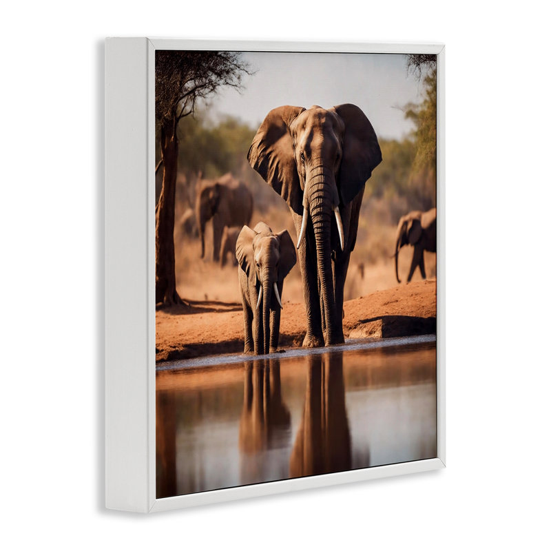 «Elephant & Calf at Waterhole», art de la giclée encadrée par Noah Bay, Estampe numérique encadrée blanc bord de mer