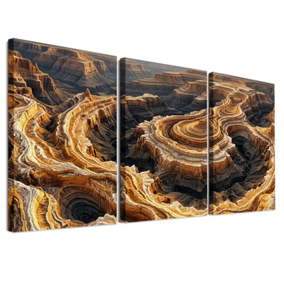 Ensemble de 3 toiles murales représentant des formations rocheuses de canyon stratifiées sous une lumière dorée