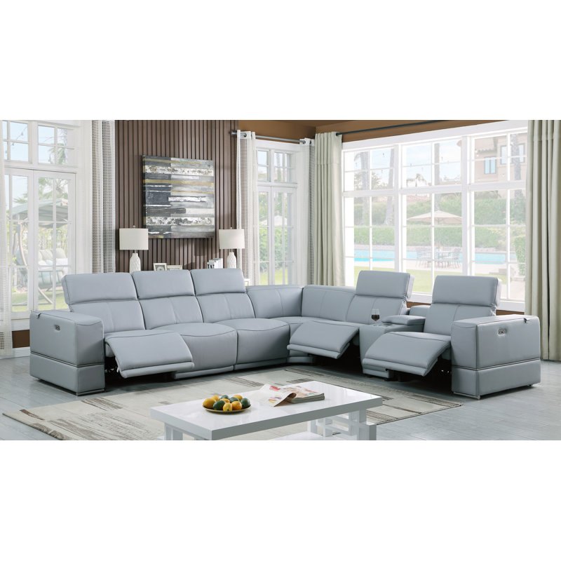 Canapé modulaire en cuir véritable inclinable gris Collection Marco , Cuir véritable bleu clair