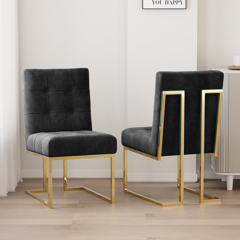 Kushma Tufted Velvet Upholstered Back Side Chair Dining Chair (Set of 2), Gold, Black