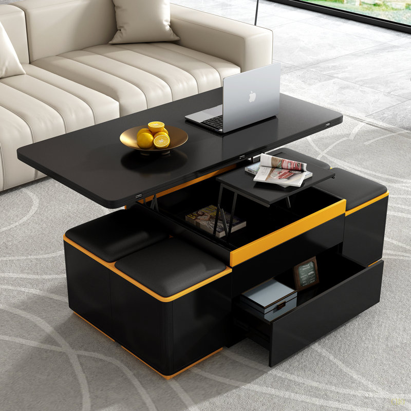 Table basse à plateau relevable avec 4 tabourets de rangement, table basse moderne avec plateau pliable, table basse réglable multifonctionnelle pour le salon