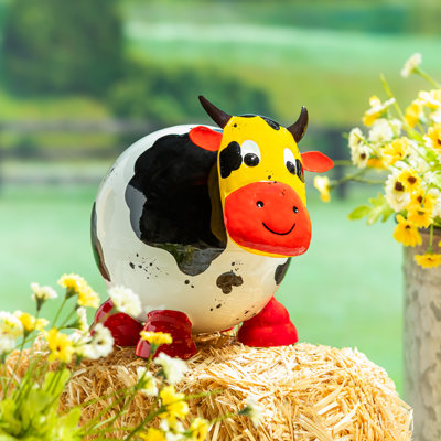 Metal Portly Cow Garden Statue, 7.5in
